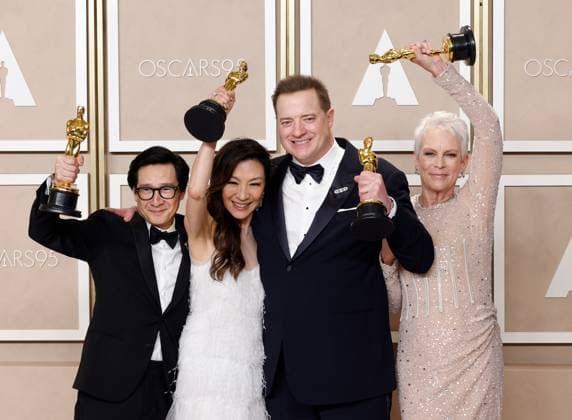 Brendan Fraser (second from R), winner of the award for Best Actor in a Leading Role for The Whale, and (L-R) Ke Huy Quan, winner of the award for Best Actor In A Supporting Role, Michelle Yeoh, winner of the award for Best Actress in a Leading Role and Jamie Lee Curtis, winner of the award for Best Supporting Actress for Everything Everywhere All at Once, appear backstage with their Oscars during the 95th annual Academy Awards at Loews Hollywood Hotel in the Hollywood section of Los Angeles on Sunday, March 12, 2023.  LAP20230312277 JOHNxANGELILLO