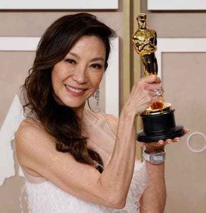 Michelle Yeoh, winner of the award for Best Actress in a Leading Role for Everything Everywhere All at Once, appears backstage with her Oscar during the 95th annual Academy Awards at Loews Hollywood Hotel in the Hollywood section of Los Angeles on Sunday, March 12, 2023.  LAP20230312290 JOHNxANGELILLO