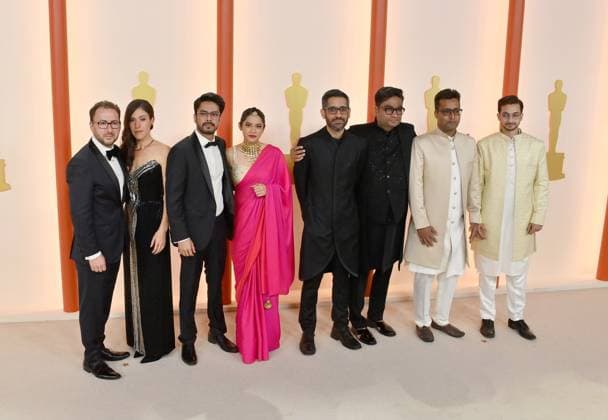 Teddy Leifer, guest, Shaunak Sen, guest, Aman Mann, Nadeem Shehzad, Mohammad Saud and Salik Rehman attend the 95th annual Academy Awards at the Dolby Theatre in the Hollywood section of Los Angeles on Sunday, March 12, 2023.  LAP2023031211294 JIMxRUYMEN