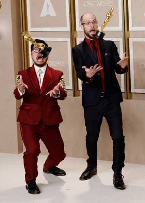 (L-R) Dan Kwan and Daniel Scheinert, winners of the award for Best Director and Best Picture for Everything Everywhere All at Once, appear backstage with their Oscars during the 95th annual Academy Awards at Loews Hollywood Hotel in the Hollywood section of Los Angeles on Sunday, March 12, 2023.  LAP20230312293 JOHNxANGELILLO