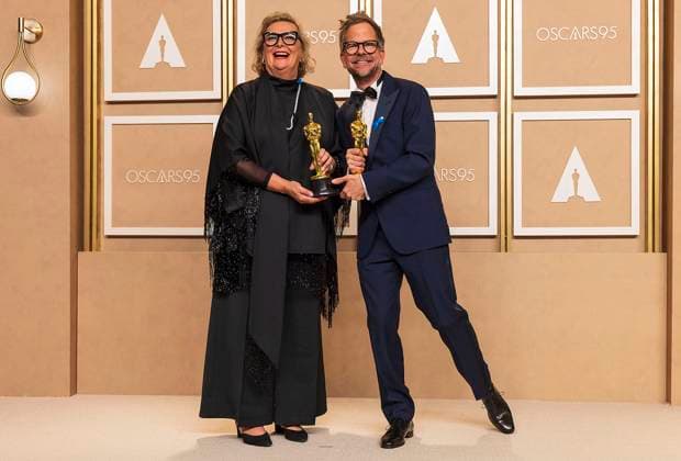Ernestine Hipper and Christian M. Goldbeck pose with their Oscars for Best Production Design for the film All Quiet Front , in the press room of the ceremony of the Academy Awards, today, at the Dolby Theater in Hollywood, USA, 12 March 2023. Charlie Mackesy and Matthew Freud win Best Animated Short Oscar !ACHTUNG: NUR REDAKTIONELLE NUTZUNG!  Copyright: xArmandoxArorizox AME1954 20230313-815a2565c5a283da610acf4f72d401c8b2f48461