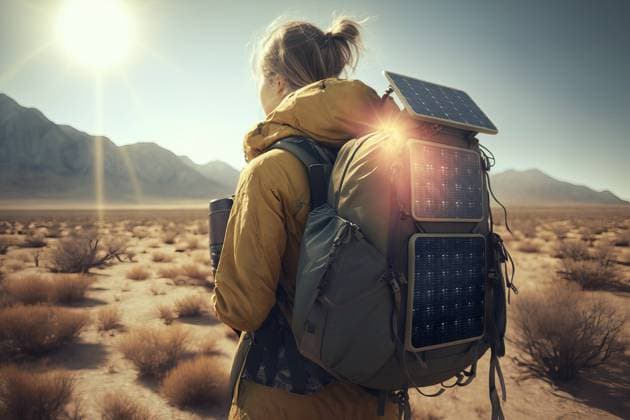 AI GENERATED IMAGE Generative AI illustration back view of female traveler wearing backpack with solar charging panels while walking in dry field during sunlight JoseDeJesusSaldana_ID13006_395774_022 Copyright: xJosexDexJesusxSaldanax Model Released