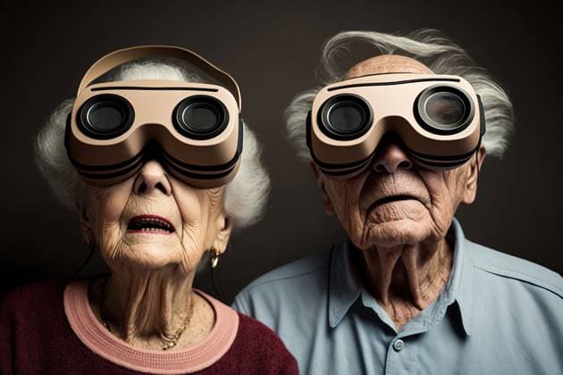 Generative AI illustration of elderly couple in elegant clothes with VR goggles experiencing virtual reality on black background MathiasAlvez_ID13123_399807_009 Copyright: xMathiasxAlvezx Model Released