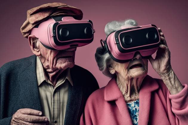 Generative AI illustration of elderly couple in elegant clothes with VR goggles experiencing virtual reality on pink background MathiasAlvez_ID13123_399810_012 Copyright: xMathiasxAlvezx Model Released