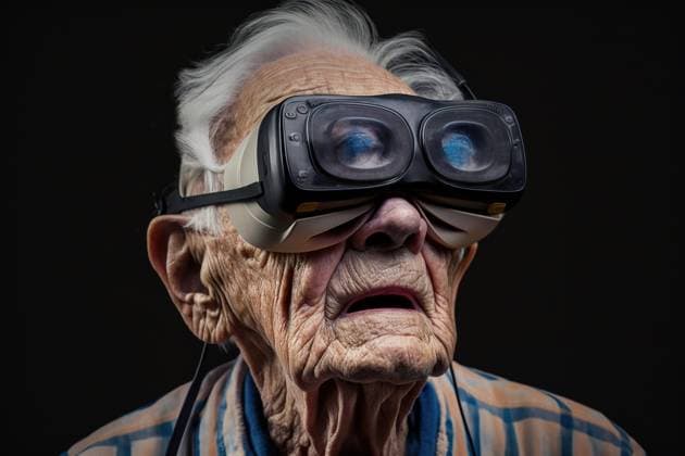Generative AI portrait of focused and anxious elderly male gamer in virtual reality goggles taken against black background MathiasAlvez_ID13123_399812_014 Copyright: xMathiasxAlvezx Model Released