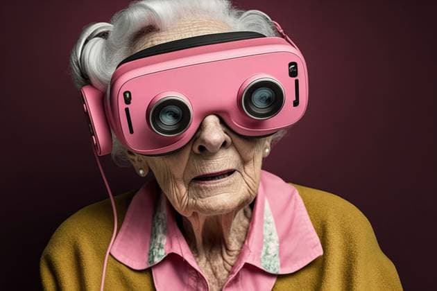 Generative AI image of astonished aged female gamer in pink virtual reality headset with goggles experiencing cyberspace digital reality over brown background studio MathiasAlvez_ID13123_399819_021 Copyright: xMathiasxAlvezx Model Released