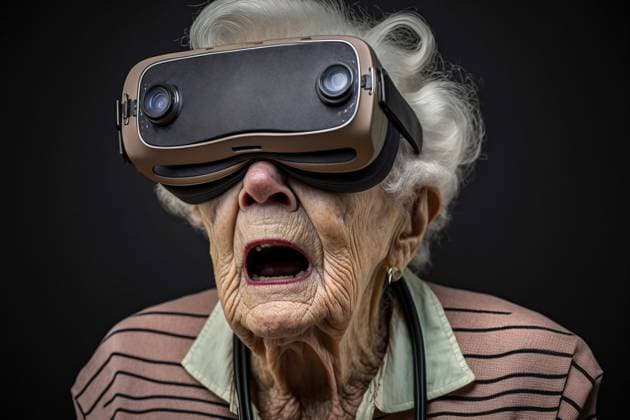 Generative AI image of surprised elderly female in VR goggles with open mouth bewilderment experiencing virtual reality while on black background in studio MathiasAlvez_ID13123_399824_024 Copyright: xMathiasxAlvezx Model Released