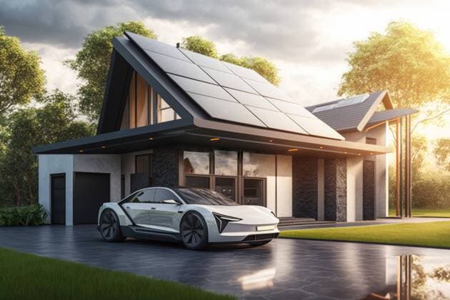 AI GENERATED IMAGE Generative AI illustration of contemporary white luxury automobile parked near house with alternative energy solar panels on roof during sunny day OierAso_ID13013_396109_004 Copyright: xOierxAsox Model Released
