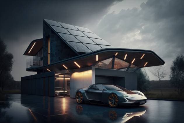 Generative AI illustration of contemporary luxury gray sports automobile parked near futuristic house with solar panels on roof during gloomy day OierAso_ID13013_396110_005 Copyright: xOierxAsox Model Released