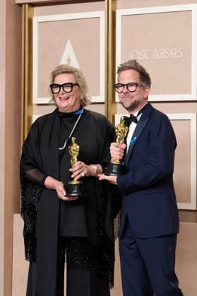 Ernestine Hipper and Christian M. Goldbeck pose backstage with the Oscar® for Production Design during the live ABC telecast of the 95th Oscars® at the Dolby® Theatre at Ovation Hollywood on Sunday, March 12, 2023. Copyright: xA.M.P.A.S.x 34494-689PLX