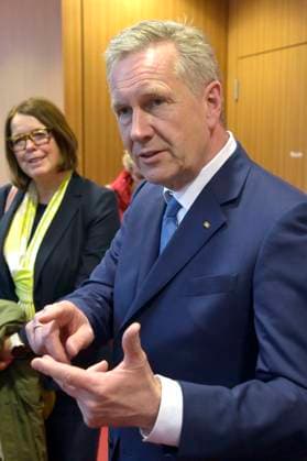 Eva Maria Welskop-Deffaa und Christian Wulff bei der Pressekonferenz Hier klingt s mir gut - das bundesweite Projekt für mehr Teilhabe in der Musik im Haus der Bundespressekonferenz. Berlin, 14.03.2023