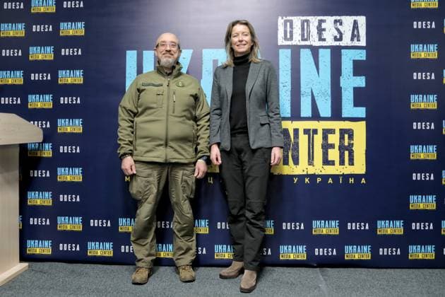 News Themen der Woche KW11 News Bilder des Tages ODESA, UKRAINE - MARCH 14, 2023 - Minister of Defenne of Ukraine Oleksii Reznikov (L) and Minister of Defenne of the Kingdom of the Netherlands Kajsa Ollongren hold a joint briefing in Odesa, southern Ukraine. Briefing of Ukrainian and Dutch defence ministers in Odesa  Copyright: xNinaxLiashonokx