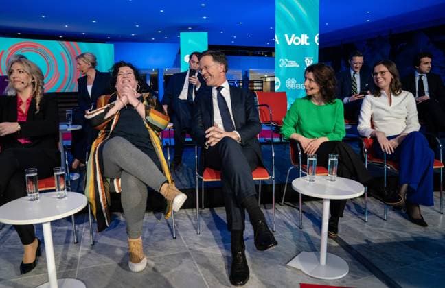 DEN BOSCH - Caroline van der Plas (BBB), Mark Rutte (VVD), Esther Ouwehand (PvdD) and Mirjam Bikker (ChristenUnie) after the NOS television debate in the run-up to the Provincial Council elections. The party leaders of the twelve largest national parties have been invited to the debate in the Provincial House of North Brabant. ANP BART MAAT netherlands out - belgium out  Copyright: xx x465006807x originalFilename: 465006807.jpg