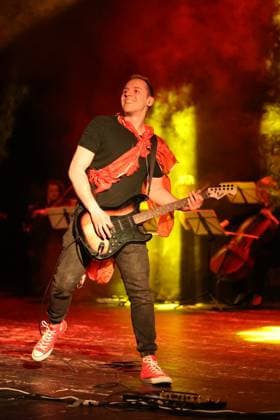 IVANO-FRANKIVSK, UKRAINE - MARCH 14, 2023 - Bass guitarist of the rock band Fontaliza Ihnat Kartashev performs at a joint charity concert with the Quattro Corde string ensemble in support of the Armed Forces of Ukraine in Ivano-Frankivsk, western Ukraine. Concert of Fontaliza and Quattro Corde in Ivano-Frankivsk  Copyright: xYuriixRylchukx
