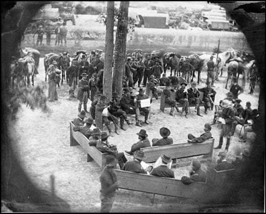 RECORD DATE NOT STATED Massaponax Church, Virginia Council of War : General Ulysses S. Grant, General George G. Meade, Assistant Secretary of War Charles A. Dana, and numerous staff officers. Civil war photographs, 1861-1865 , Selected Civil War Photographs, 1861-1865. Grant, Ulysses S, (Ulysses Simpson), 1822-1885, United States, History, Civil War, 1861-1865, Wilderness, Battle of the, Va, 1864, Churches, Meade, George G, Dana, Charles A, United States, Virginia, Massaponax Church. Copyright: xpiemagsx civwarpietiff12032023-18258 !ACHTUNG AUFNAHMEDATUM GESCHÄTZT!
