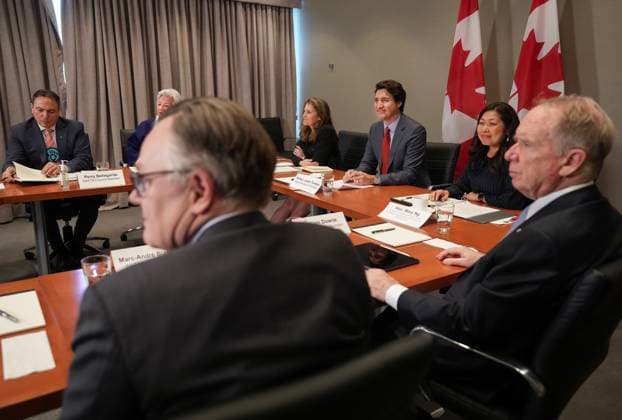 March 16, 2023, TORONTO, ON, CANADA: Canadian Prime Minister Justin Trudeau, centre, attends the NAFTA Advisory Council Meeting in Toronto, Thursday, March 16, 2023. TORONTO CANADA  - ZUMAc35_ 20230316_zaf_c35_052 Copyright: xNathanxDenettex