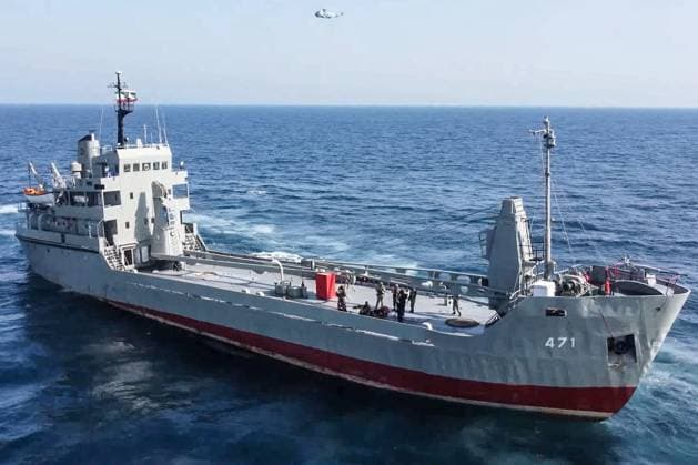 MARCH 18, 2023: Seen in this video screen grab is an Iranian Navy ship during a joint naval drill in the Gulf of Oman. Naval forces of China, Russia, Iran and some other countries are taking part in the Security Bond 2023 joint naval exercise in the Gulf of Oman from 15 to 19 March 2023. Video grab. Best possible quality. Northern Fleet Press Service TASS  57934410