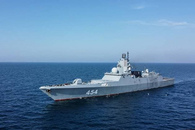 MARCH 18, 2023: Seen in this video screen grab is the Russian Navy frigate Admiral Gorshkov during a joint naval drill in the Gulf of Oman. Naval forces of China, Russia, Iran and some other countries are taking part in the Security Bond 2023 joint naval exercise in the Gulf of Oman from 15 to 19 March 2023. Video grab. Best possible quality. Northern Fleet Press Service TASS  57934404