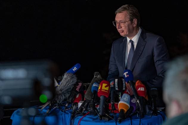 Bilder des Jahres 2023, News 03 März News Themen der Woche KW11 Nordmazedonien, Serbien-Kosovo-Gipfel in Ohrid Serbian President Aleksandar Vucic spoke to journalists, after more than 10 hours of negotiations between Prishtina and Belgrade in Ohrid, North Macedonia on Saturday, March 18, 2023. The EU High Representative for Foreign Affairs and Security Policy, Josep Borrell, and the EU Special Representative, Miroslav Lajcak, convened a high-level meeting in which Kosovo s Prime Minister, Albin Kurti (not pictured), and Serbia s President, Aleksandar Vucic (pictured). (VX Photo IH), Kosovo Serbia Talks - AVucic Ohrid Inex Olgica Hotel North Macedonia North Macedonia  , Copyright: xIsaxHazirix