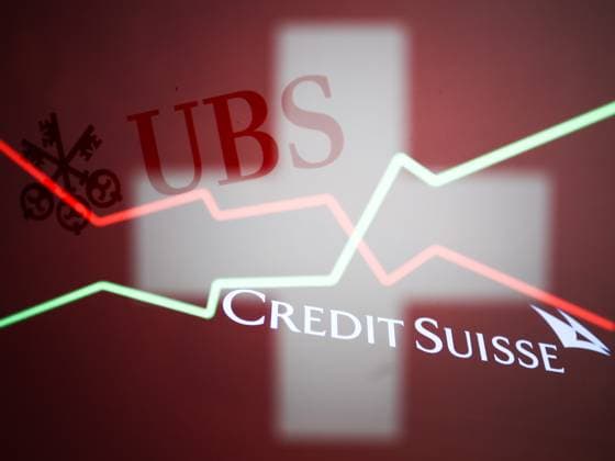 UBS Credit Suisse Takeover Photo Illustrations Swiss flag displayed on a laptop screen, UBS logo displayed on a laptop screen, an illustrative stock chart displayed on a laptop screen and Credit Suisse logo displayed on a phone screen are seen in this multiple exposure illustration photo taken in Krakow, Poland on March 19, 2023. Krakow Poland  Copyright: xJakubxPorzyckix originalFilename: porzycki-ubscredi230319_npWLj.jpg