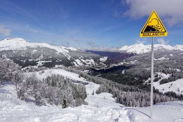 Warnschild Lawinen, Tal von Les Gets, Wintersportgebiet Portes du Soleil, Haute-Savoie, Frankreich *** Avalanche warning sign, Les Gets valley, Portes du Soleil winter sports area, Haute Savoie, France