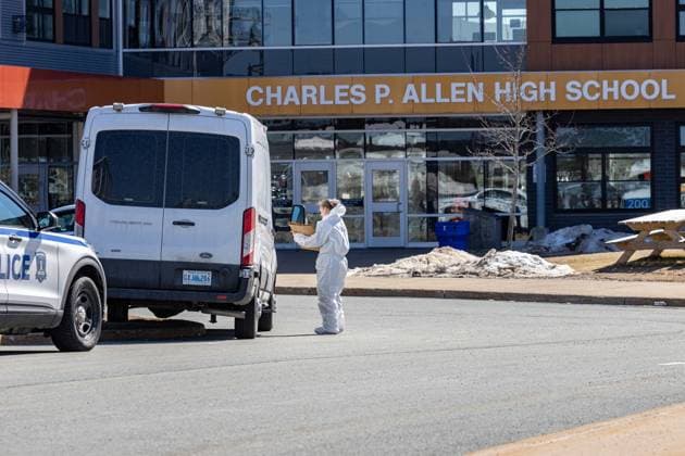 February 27, 2023, Halifax, NS, Canada: Forensics on the scene at Charles P. Allen High School in Halifax, Monday, March 20, 2023. Halifax police have arrested a student after three people were stabbed at a high school this morning. Halifax Canada  - ZUMAc35_ 20230227_zaf_c35_051 Copyright: xRileyxSmithx
