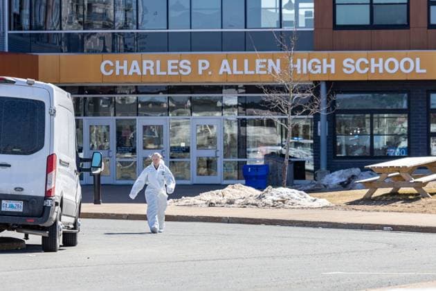 February 27, 2023, Halifax, NS, Canada: Forensics on the scene at Charles P. Allen High School in Halifax, Monday, March 20, 2023. Halifax police have arrested a student after three people were stabbed at a high school this morning. Halifax Canada  - ZUMAc35_ 20230227_zaf_c35_054 Copyright: xRileyxSmithx