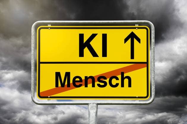FOTOMONTAGE, Ortsschild mit Aufschrift KI und durchgestrichener Aufschrift Mensch *** PHOTOMONTAGE, town sign with inscription KI and crossed out inscription human being ** NUR FUER REDAKTIONELLE ZWECKE ** EDITORIAL USE ONLY **