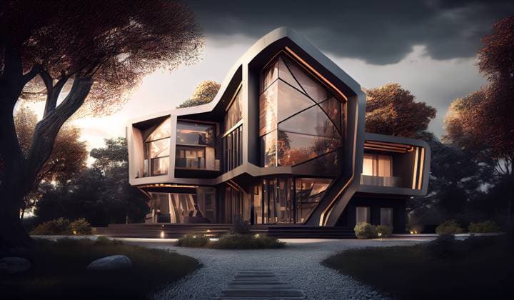 AI GENERATED IMAGE Generative AI illustration of modern residential multistory house with panoramic windows and cobblestone walkway surrounded by trees under cloudy sky HodeiUnzueta_ID13172_401784_009 Copyright: xHodeixUnzuetax Model Released