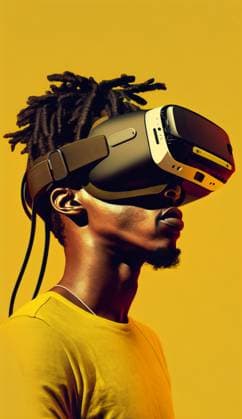 Generative AI illustration of African American male gamer wearing VR headset experiencing virtual world against yellow background IvanAcedo_ID13035_396852_002 Copyright: xIvanxAcedox Model Released