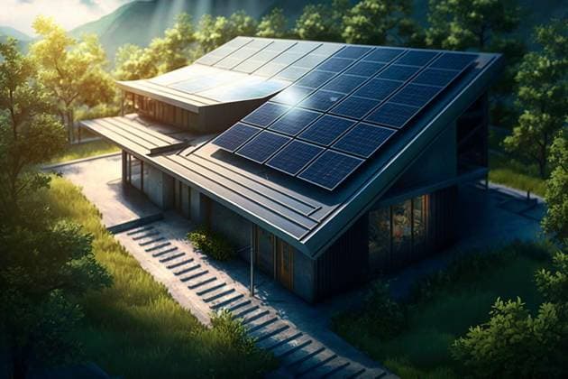  Solar panels on the roof. AI generativ., Solar panels on the roof. AI generativ., Solar panels on the roof. AI generativ., 05.03.2023, Copyright: xDar1930x Panthermedia33735523.jpg