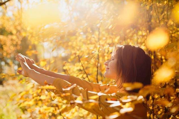 IMAGO Creative: Herbst, Lichtimpressionen Smiling woman stretching arms amidst golden autumn foliage model released, Symbolfoto, LLUF01058