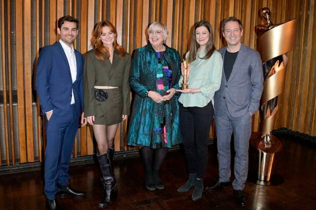 Lucas Reiber, Lea van Acken, Claudia Roth, Alexandra Maria Lara und Florian Gallenberger bei der Bekanntgabe der Nominierungen für den Deutschen Filmpreis 2023 im Kino International. Berlin, 24.03.2023