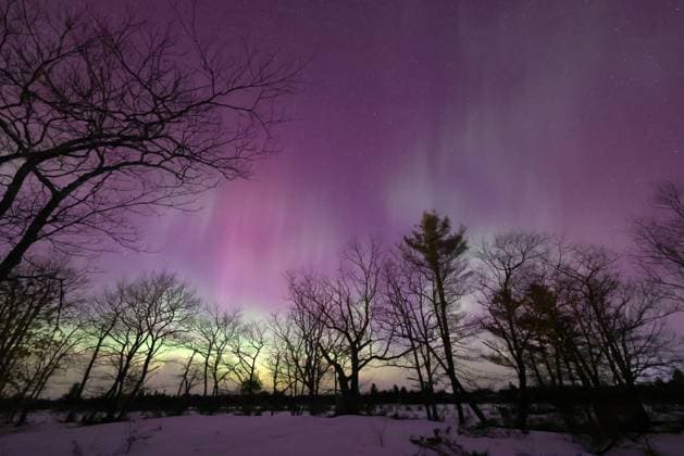 GRAVENHURST, ON - MARCH 23: The Northern Lights appear in the sky on March 23, 2023 in Gravenhurst, Ontario, Canada.  Copyright: xChinaxNewsxServicex VCG111428653402