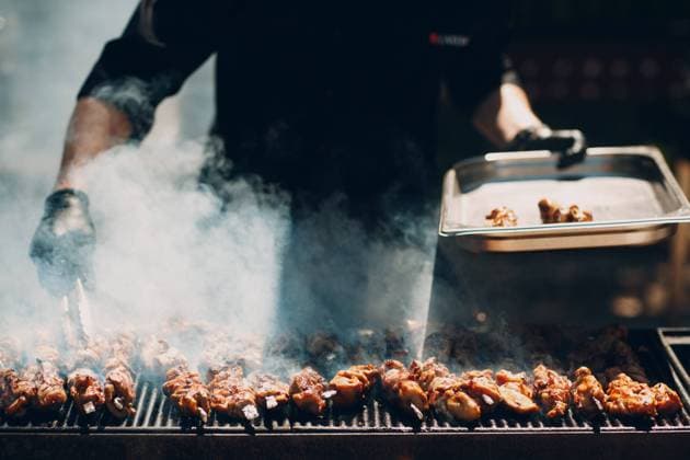 RECORD DATE NOT STATED Preparation of shish kebab bbq, model released, , 31032746.jpg, kebab, shish, kebabs, meat, bbq, grill, fire, flame, shashlik, nature, party, steak, kabab, barbecue, skewer, food, closeup, pork, grilled, cooking, sauce, hot, roasted, picnic, preparation, tasty, cook, smoke, yummy, burning, fry, broil