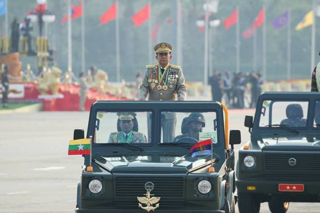 (230327) -- NAY PYI TAW, March 27, 2023 -- Commander-in-Chief of Defence Services Senior General Min Aung Hlaing attends a military parade to mark the 78th Armed Forces Day in Nay Pyi Taw, Myanmar, March 27, 2023. Myanmar celebrated its 78th Armed Forces Day on Monday with a military parade in the capital Nay Pyi Taw in commemoration of the start of its anti-fascist movement during World War II. (Photo by Xinhua) MYANMAR-NAY PYI TAW-ARMED FORCES DAY MyoxKyawxSoe 