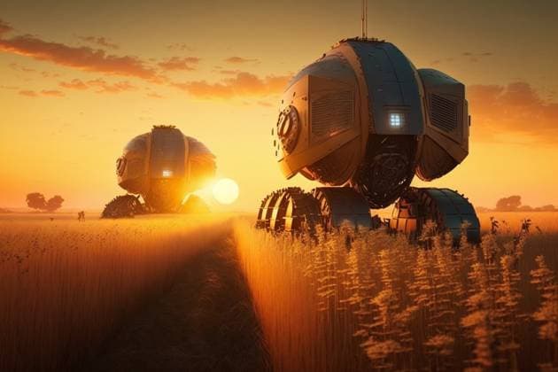 AI GENERATED IMAGE Generative AI illustration of futuristic landscape of field with road and robotic machines against colorful sky with clouds in sundown in summer IvanAcedo_ID13036_396864_002 Copyright: xIvanxAcedox Model Released