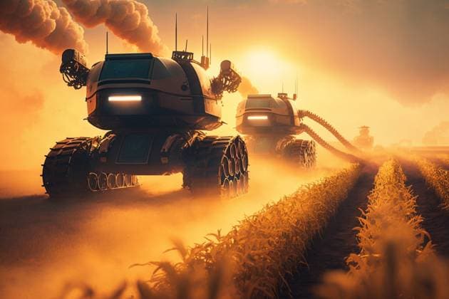 AI GENERATED IMAGE Generative AI illustration of futuristic landscape of field with road and robotic machines against colorful sky with clouds in sundown in summer IvanAcedo_ID13036_396865_003 Copyright: xIvanxAcedox Model Released