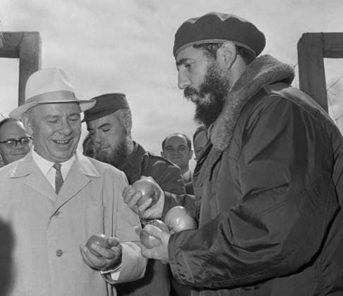 Cuba. December, 1963-January, 1964. Prime minister of Cuba Fidel Castro talks to Secretary of the Central Committee of the Communist Party of the Soviet Union Nikolai Podgorny (R-L front). The exact date and location of the photograph is unknown. Valentin Sobolev TASS  32435383