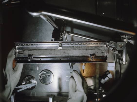 Moscow, USSR. September, 1976. The view shows a vacuum chamber which contains the Lunar soil retreived by the Luna-24 Soviet Automatic Interplanetary Station to the receiving laboratory at the USSR Academy of Sciences. The exact date of the photograph is unknown. Valentin Kuzmin TASS  32161939