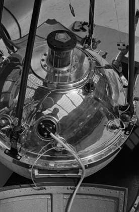 Moscow, USSR. August, 1967. A view of the instrument container of the Luna-9 robotic spacecraft that was the first to achieve a lunar soft landing and to transmit a television image of the moon surface to Earth, at the Pavilion No. 32 Kosmos at the Exhibition of Achievements of National Economy. The exact date of the photograph is unknown. Valentin Cheredintsev TASS  22537671
