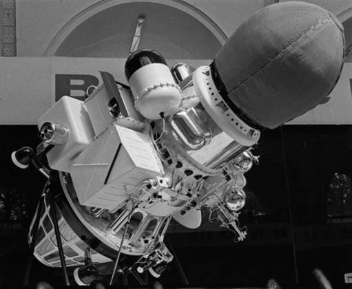 Moscow, USSR. August, 1967. A view of the Luna-9 robotic spacecraft that was the first to achieve a lunar soft landing and to transmit a television image of the moon surface to Earth, at the Pavilion No. 32 Kosmos at the Exhibition of Achievements of National Economy. The exact date of the photograph is unknown. Valentin Cheredintsev TASS  18449177