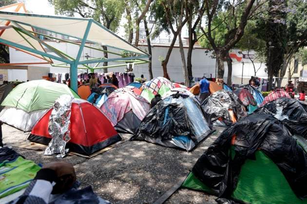 Haitian migrants ask for respect for their human rights in Mexico March 29, 2023, Mexico City, Mexico: Haitian migrants in a camp set up in Giordano Bruno Park waiting for their immigration permits in Mexico City. on March 29, 2023 in Mexico City, Mexico (Photo by Luis Barron Eyepix Group). Copyright: xLuisxBarronx xEyepixxGroupx LB20230329_PARQUE_GIORDANO_BRUNO_MIGRANTES1