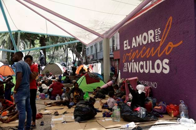 Haitian migrants ask for respect for their human rights in Mexico March 29, 2023, Mexico City, Mexico: Haitian migrants in a camp set up in Giordano Bruno Park waiting for their immigration permits in Mexico City. on March 29, 2023 in Mexico City, Mexico (Photo by Luis Barron Eyepix Group). Copyright: xLuisxBarronx xEyepixxGroupx LB20230329_PARQUE_GIORDANO_BRUNO_MIGRANTES2