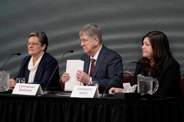 March 30, 2023, Truro, NS, Canada: From left to right, commissioners Leanne Fitch, Michael MacDonald, chair, and Kim Stanton deliver the final report of the Mass Casualty Commission inquiry into the mass murders in rural Nova Scotia in Truro, N.S. on Thursday, March 30, 2023. Truro Canada - ZUMAc35_ 20230330_zaf_c35_008 Copyright: xDarrenxCalabresex