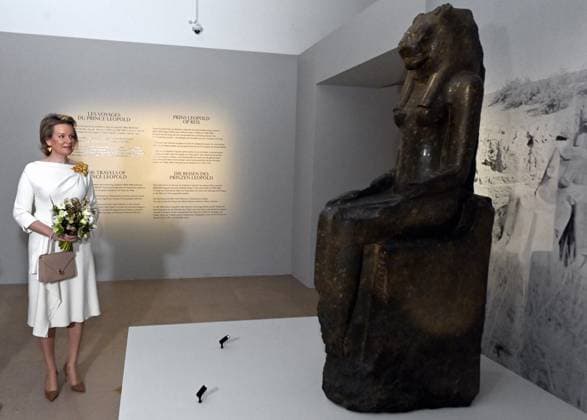 Queen Mathilde of Belgium pictured during a royal visit to the new exhibition Expedition Egypt at the Art and History Museum (Museum Kunst & Geschiedenis - Musee de l Art et d Histoire), in Brussels, Thursday 30 March 2023.  ERICxLALMAND 63906656