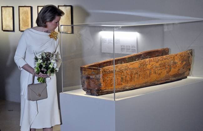 Queen Mathilde of Belgium pictured during a royal visit to the new exhibition Expedition Egypt at the Art and History Museum (Museum Kunst & Geschiedenis - Musee de l Art et d Histoire), in Brussels, Thursday 30 March 2023.  ERICxLALMAND 63906657