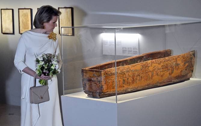 Queen Mathilde of Belgium pictured during a royal visit to the new exhibition Expedition Egypt at the Art and History Museum (Museum Kunst & Geschiedenis - Musee de l Art et d Histoire), in Brussels, Thursday 30 March 2023.  ERICxLALMAND 63906658