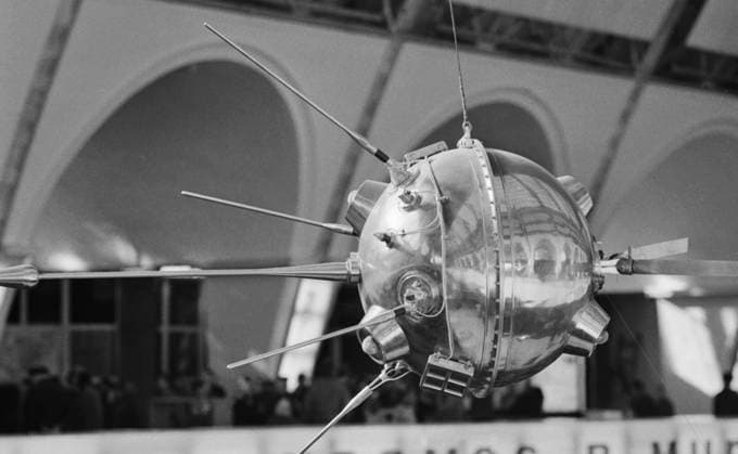 Moscow, USSR. October, 1967. A view of the Luna-2 robotic spacecraft at the Pavilion No. 32 Kosmos at the Exhibition of Achievements of National Economy. The exact date of the photograph is unknown. Valentin Cheredintsev TASS  22537976