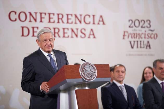 Francisco Casanova is presented as the new president of the Communication Council March 30, 2023, Mexico City, Mexico: Mexican President Andres Manuel LOpez Obrador speaks during the briefing conference, where the change of presidency of the Communication Council takes place at National Palace. on March 30, 2023 in Mexico City, Mexico. (Photo by Julian Lopez Eyepix Group) Copyright: xJulianxLopez xEyepixxGroupx JL_30032023_90761